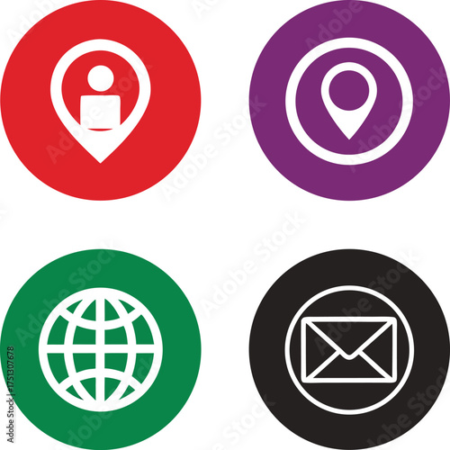 Red person location purple map green globe black envelope