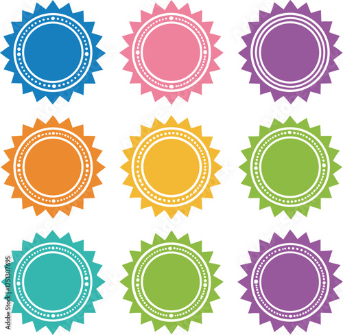 Starburst badges colorful circular emblems label sticker