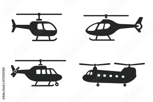 Silhouette set of helicopters: various styles and designs in black