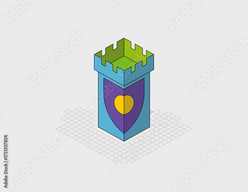 This image presents a stylized castle tower icon, designed with vivid colors and geometric shapes, symbolizing strength, protection, and creativity in design.
