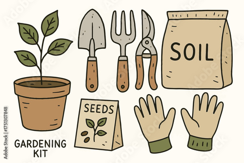 Gardening kit with tools, seeds, soil, and plant essentials for outdoor gardening