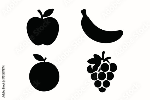 Silhouette icons of apple banana orange and grapes on white background