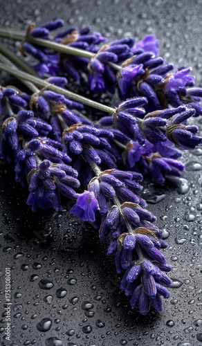 Fresh Lavender Flowers Resting on a Dark Surface With Water Droplets