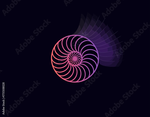 This image features an intricate spiral design encompassing a vibrant gradient ranging across pink and purple tones, set against a dark background for visual impact.