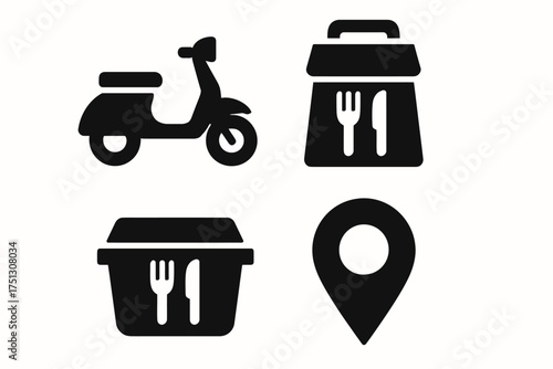 Food delivery icons featuring scooter, packaging, and location symbols