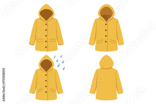 Yellow raincoat illustration with hood and raindrop element depiction