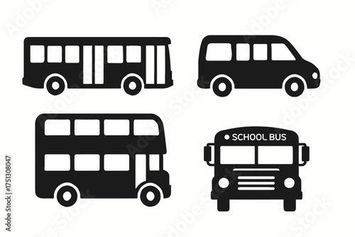 Set of black silhouette bus icons including school and double-decker design
