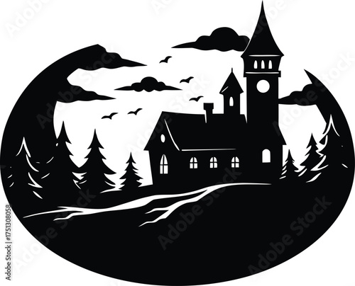 Spooky Village Clock Tower At Midnight Silhouette