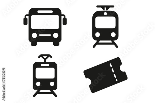 Public transport icons: bus, tram, train, ticket in black and white vector