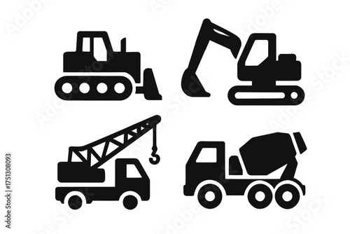 Silhouette icons of construction vehicles: bulldozer, excavator, crane truck, cement mixer