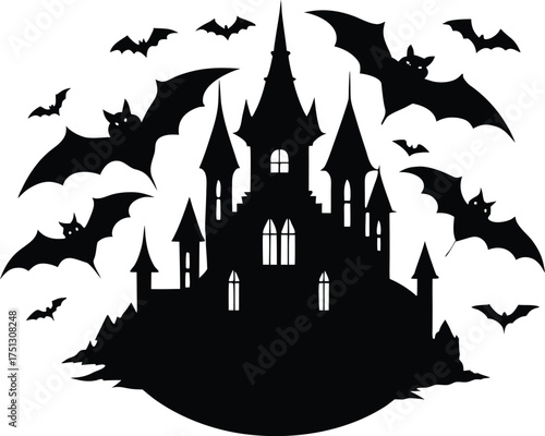 Vampire Castle With Flying Bats Silhouette