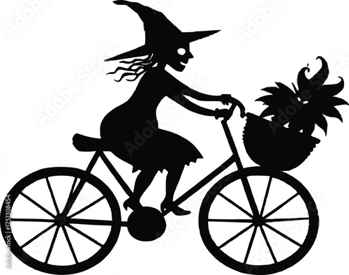 Witch Riding Bicycle With Pumpkin Basket Silhouette
