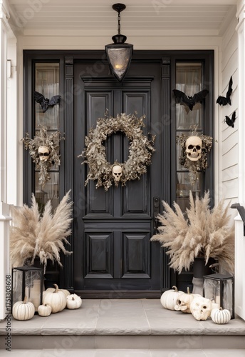 Elegant Halloween Decoration at a Modern Black Front Door With Skulls and Pum...