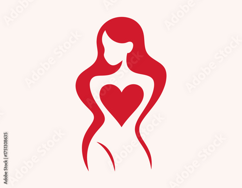 This striking image presents a stylized woman figure embracing a heart, symbolizing love and femininity, making a powerful statement in fashion or wellness branding.
