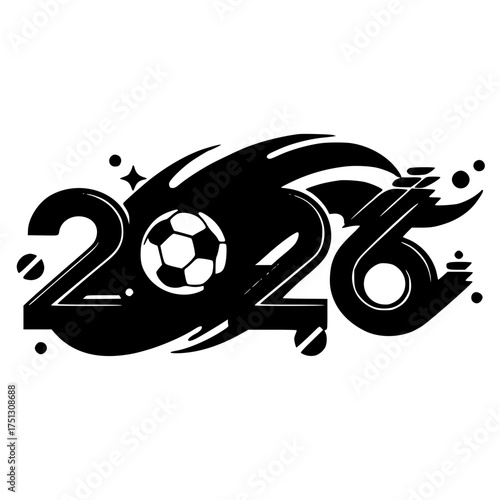2026 Soccer World Cup Logo Concept: Dynamic, black-and-white vector graphic with a football replacing the zero, representing speed, championship, and the global sports event.
