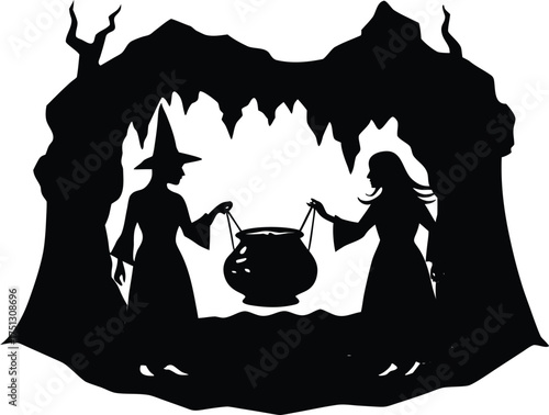 Witches Stirring Potions In Spooky Cave Silhouette