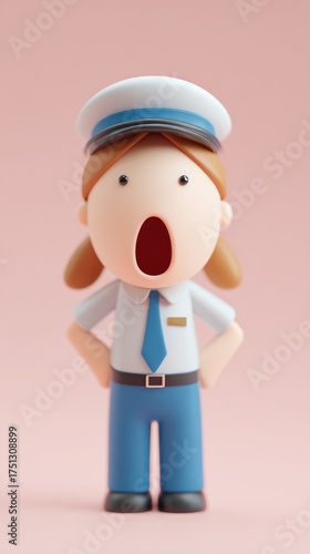 Surprised Cartoon Character in Uniform with Open Mouth.