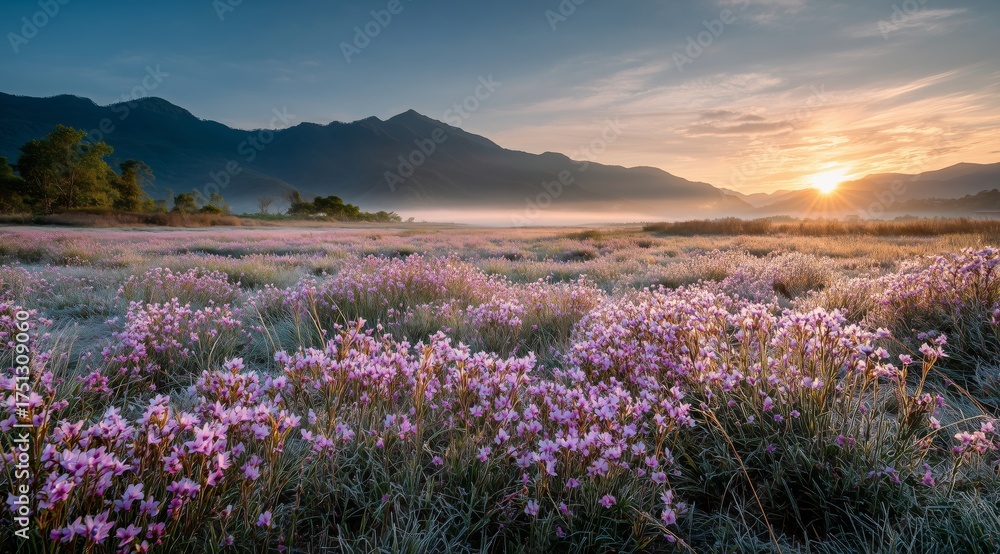 Obraz premium Beautiful Pink Flowers Bloom in a Serene Valley at Sunset in the Mountains