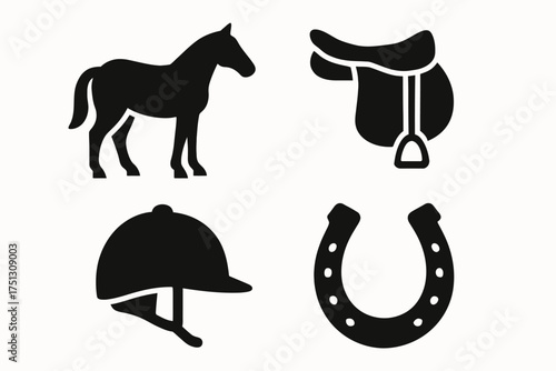 Equestrian icons: horse, saddle, helmet, horseshoe - essential riding symbols