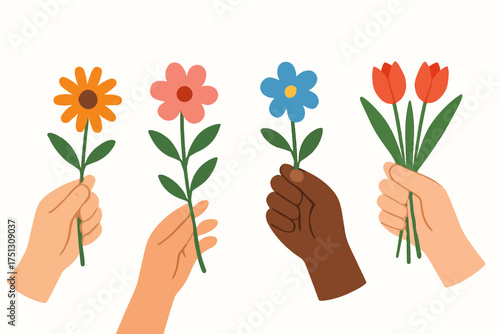 Diverse hands holding colorful flowers displaying unity and diversity