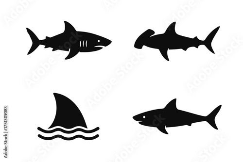 Set of shark silhouettes and fin icon: hammerhead and great white