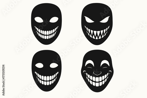 Four black smiling masks with unique expressions on white background
