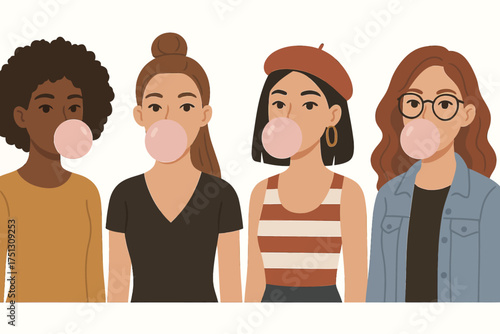 Diverse young women blowing bubblegum in casual outfits with unique styles