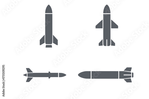 Minimalist icon set of four missile designs in various orientations