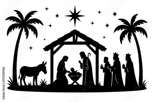 Nativity scene silhouette with three wise men, jesus, mary, joseph, star, and animals