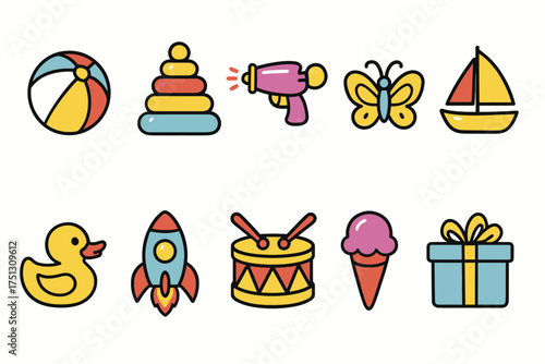 Colorful assortment of children's toys and gifts with bright designs