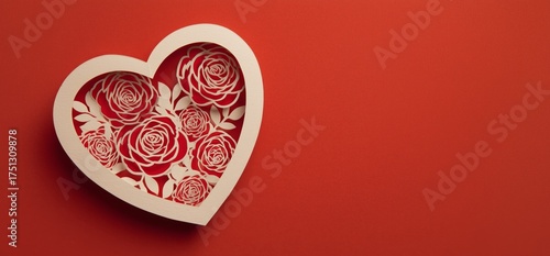 Decorative Heart With Red Roses Against Bright Red Background for Romantic Oc...