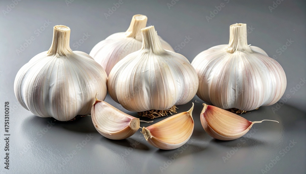 Obraz premium garlic bulbs with varied white and purple hues arranged on light gray surface