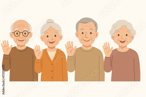 Elderly cartoon group waving: four mature caucasian individuals in warm clothes