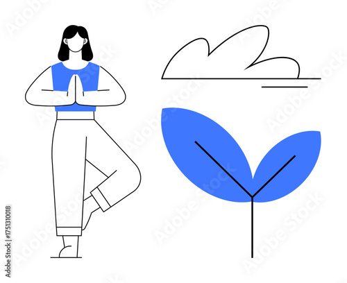 Minimalistic design of a woman in a yoga pose beside abstract cloud and leaf shapes. Ideal for wellness, mindfulness, yoga, meditation, nature, balance, personal growth. Simple flat metaphor