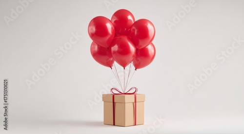 Colorful Red Balloons Float Above a Wrapped Gift Box in a Simple, Festive Setup