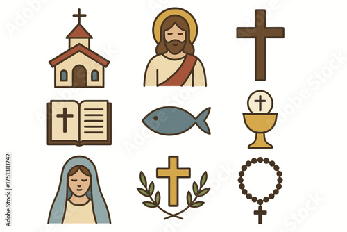 Set of religious symbols including cross, church, bible, and rosary icons