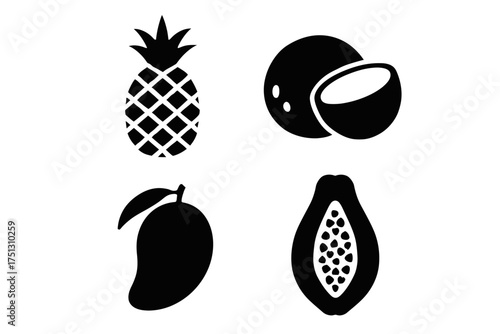 Silhouettes of tropical fruits: pineapple, coconut, mango, papaya