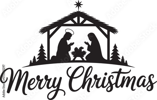 nativity scene merry christmas silhouette holy family in manger vector design