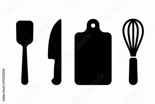 Silhouette of kitchen utensils: spatula, knife, cutting board, whisk in minimalist design