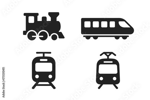 Set of black train and tram icons depicting various transportation modes