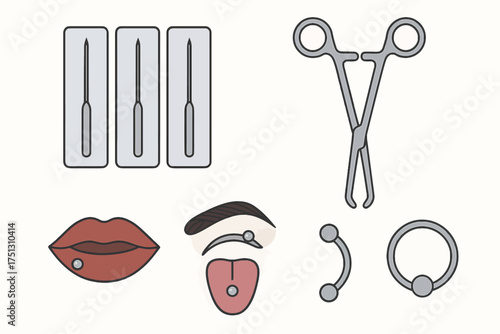 Body piercing tools and jewelry set including needles and lip ring