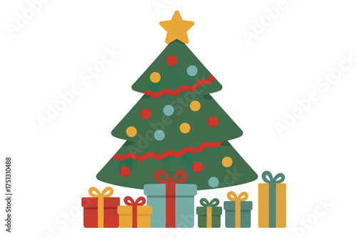 Decorated christmas tree with colorful presents and star topper