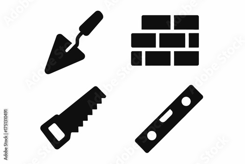 Construction tools and materials icon set: trowel brick saw level