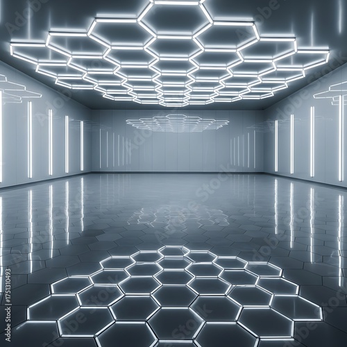 Futuristic Hexagon Lighting in a Modern Empty Room.
