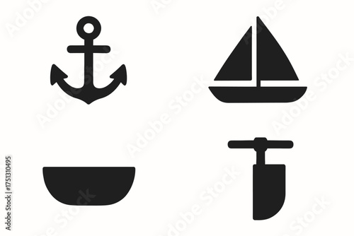 Nautical symbols: anchor, sailboat, boat, rudder in black and white icons