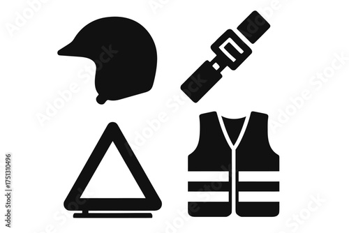 Safety gear icons: helmet, seatbelt, reflective vest, warning triangle symbols