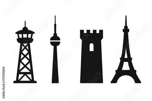 Silhouette icons of famous global towers and landmarks