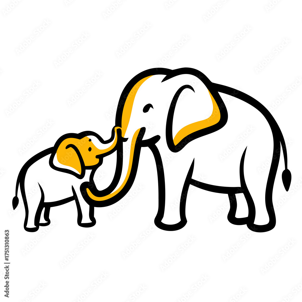 Obraz premium Yellow Elephant Profile Silhouette with Curved Trunk on Black Background