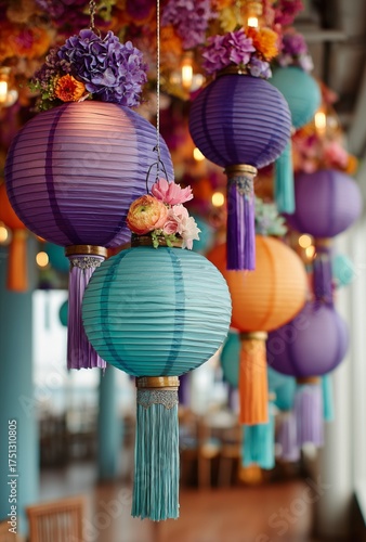 Colorful Lanterns Decorate a Vibrant Event Space for a Festive Celebration at...