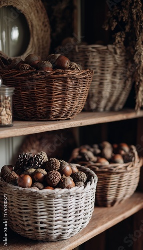 Traditional Baskets Filled With Acorns and Nuts Displayed on Rustic Wooden Sh...